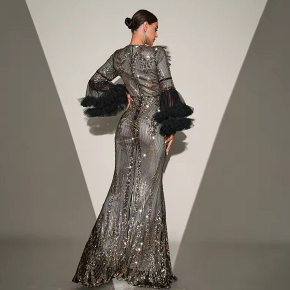 Silver Sequin Gown with V-Neck and Bishop Sleeves - Picture 11 of 15